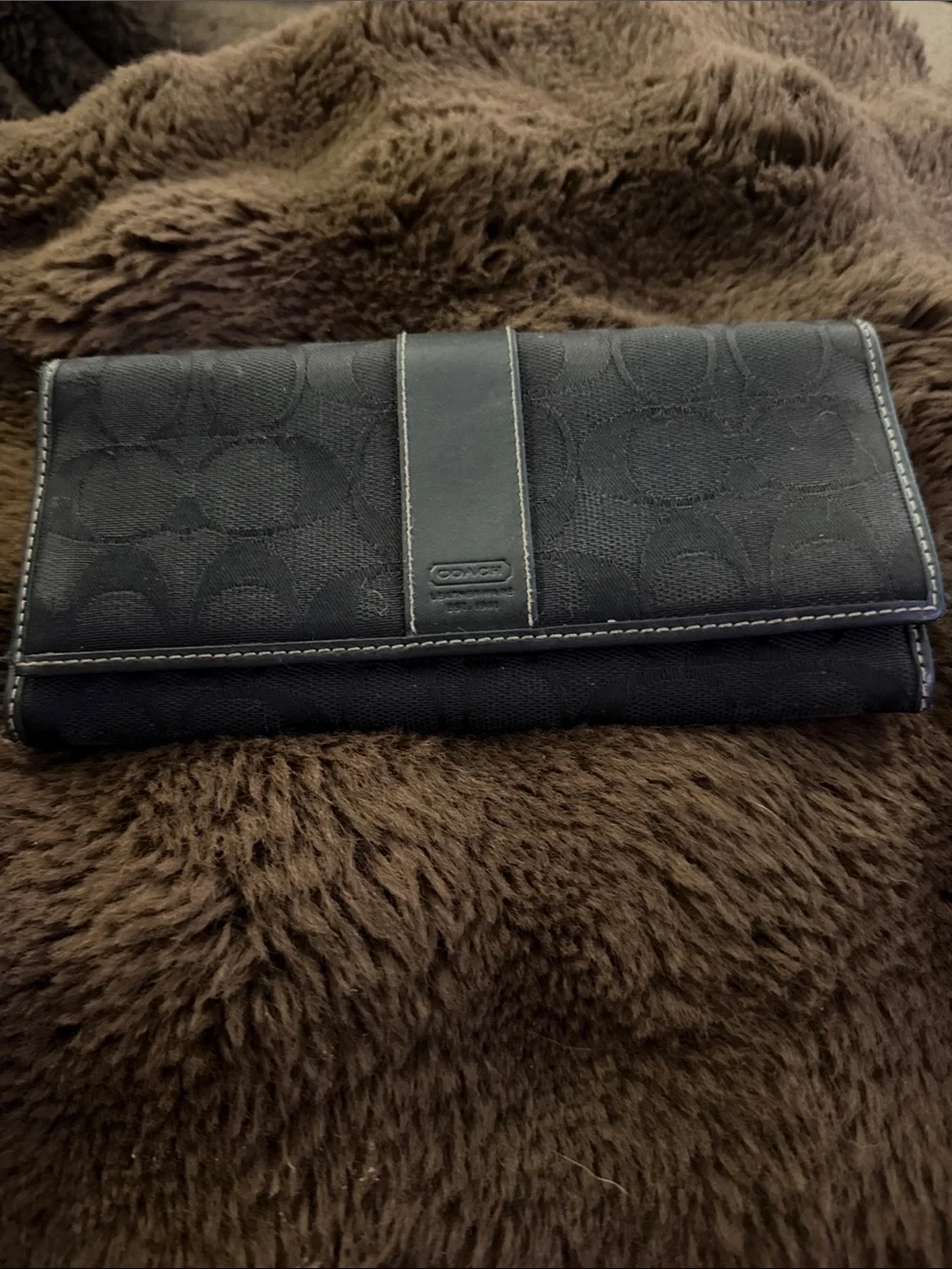 Coach Black Signature Continental Wallet with Leather Trim Panel